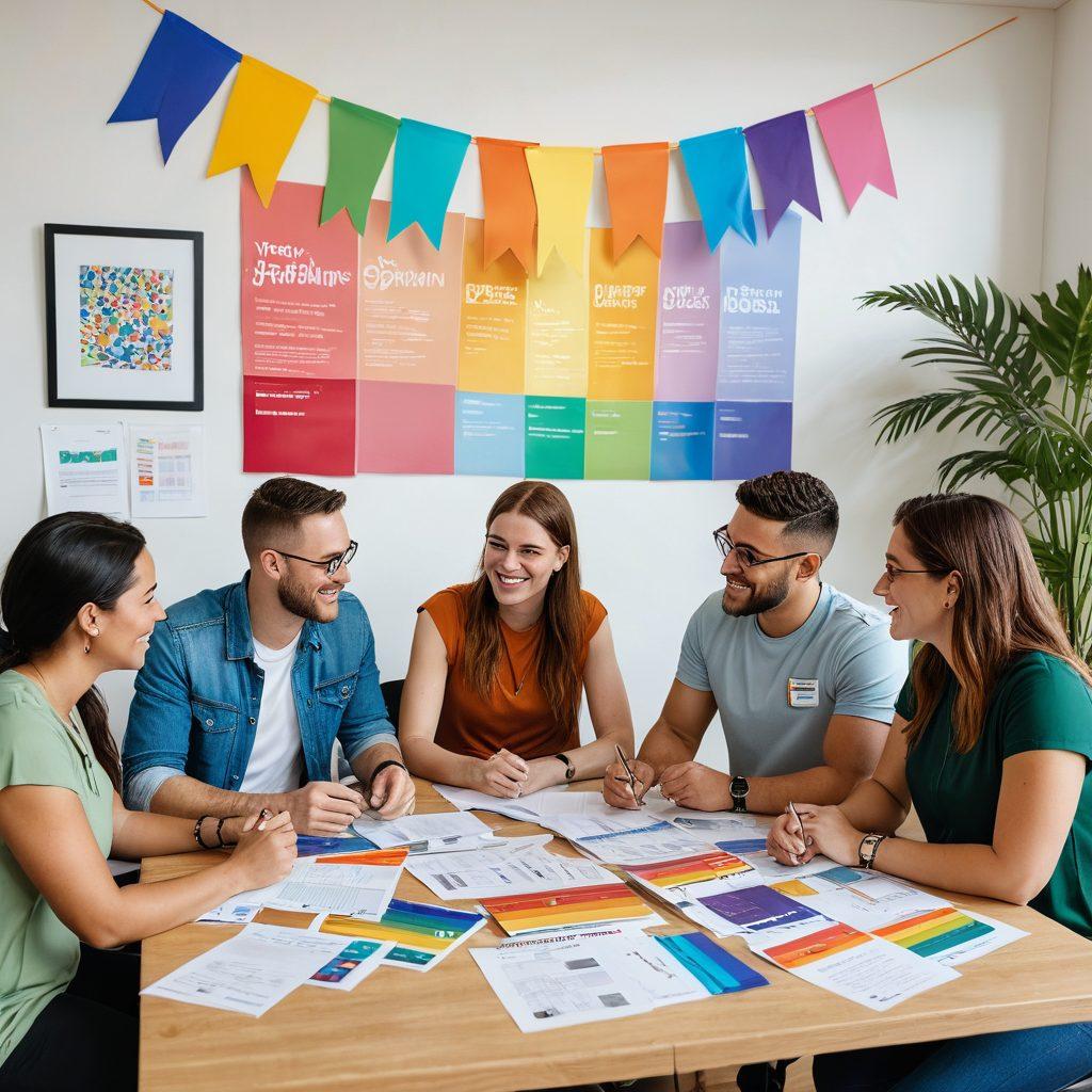 A diverse group of people representing the LGBTQ+ community, joyfully discussing insurance options around a table filled with colorful brochures and paperwork. Include elements of inclusivity, such as rainbow flags and symbols of various identities in the background. The setting is a modern office space with a welcoming atmosphere, featuring plants and bright decor. super-realistic. vibrant colors. warm lighting.