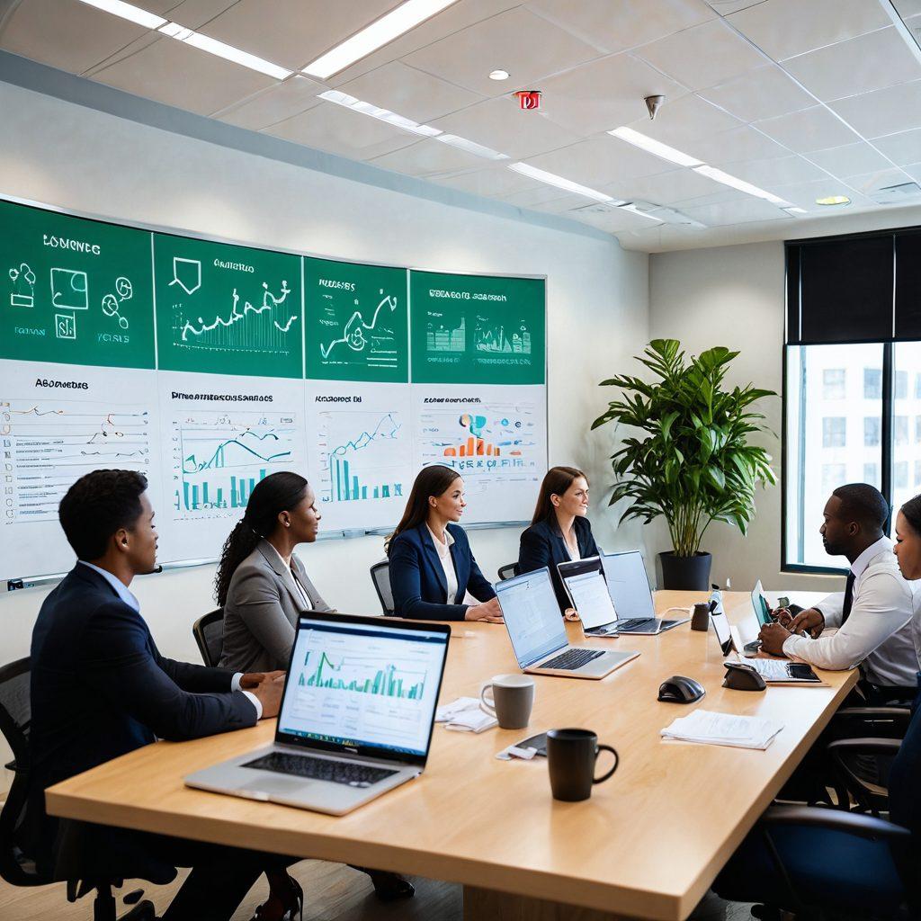 A diverse group of people engaging in a collaborative meeting surrounded by symbols of insurance (like shields and documents). The scene should emphasize inclusivity and customization, with colorful charts and graphs illustrating insurance options. Bright, optimistic lighting to represent hope and security. A modern office background with plants to create a welcoming atmosphere. Super-realistic. Vibrant colors. Soft focus.