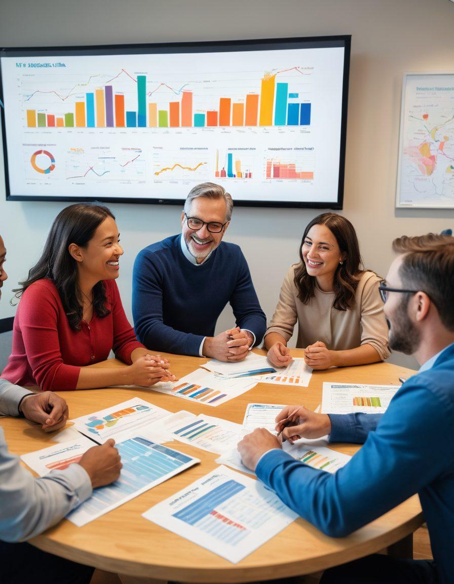 A diverse group of happy people of various ages and backgrounds gathered around a table, discussing insurance options with friendly advisors. Vibrant charts and infographics about budget-friendly insurance products are displayed on a screen in the background. The atmosphere is warm and inviting, symbolizing community and support. Soft lighting enhances the positive vibe. super-realistic. vibrant colors.